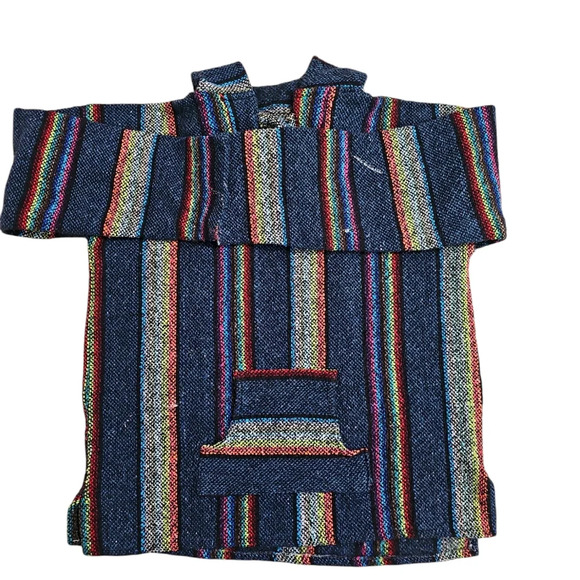 Unbranded M Blue Rainbow Stripe Baja Hoodie Pullover Hippie Grunge Surf Poncho - Picture 5 of 8